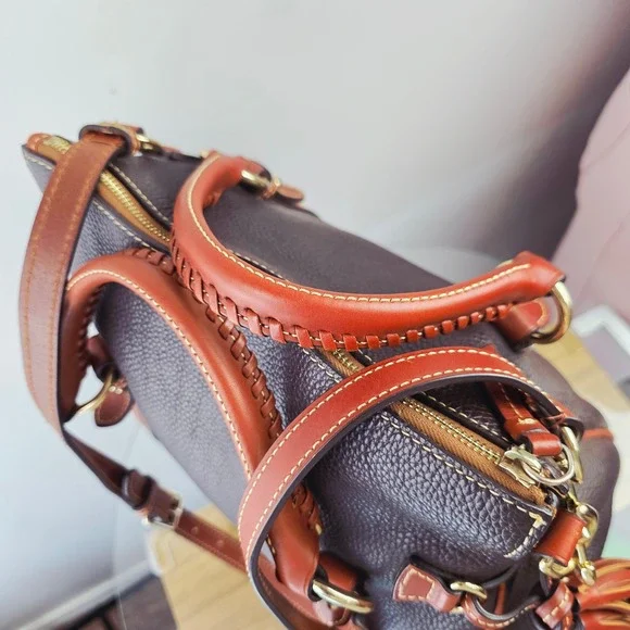 Dooney & Bourke Pebbled Leather Satchel Brown Ginger Braided Handle Tassel Bag - Picture 14 of 16